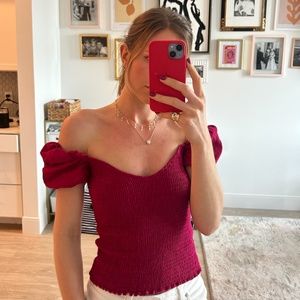 Reformation Juliet Smocked Linen Top In Rhubarb